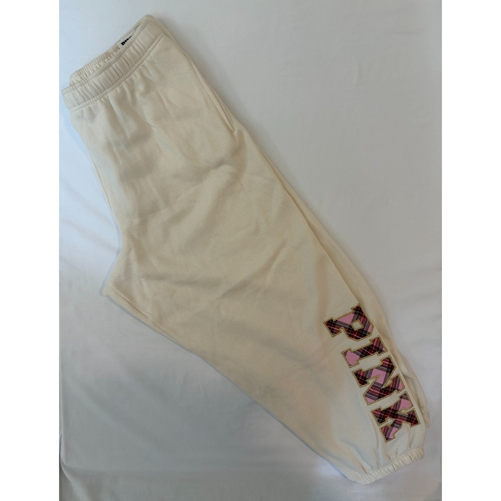 NWT VS PINK Ivy Fleece Relaxed Sweatpants Large Plaid Cream Preppy Y2K Joggers